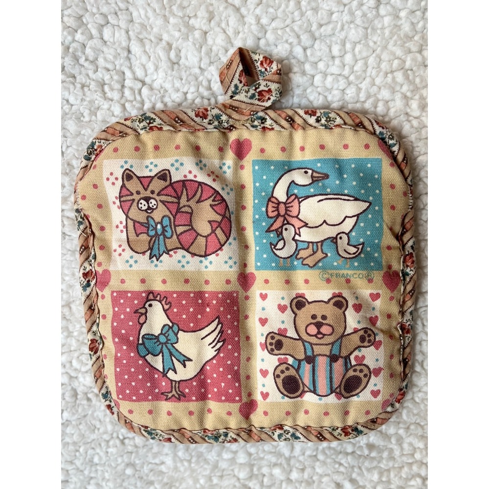 Vintage Franco Quilted Pot Holder Animal Cat Goose Hen Bear Country Cottage Core
